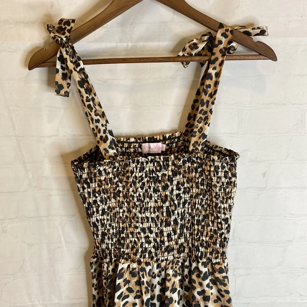 Pink Lily Leopard Print Smocked Bow Tie Dress - Picture 4 of 8